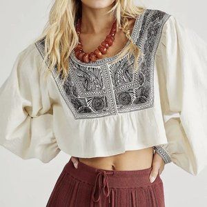 FREE PEOPLE Iggie Embroidered Blouse in Ivory/Black Bean